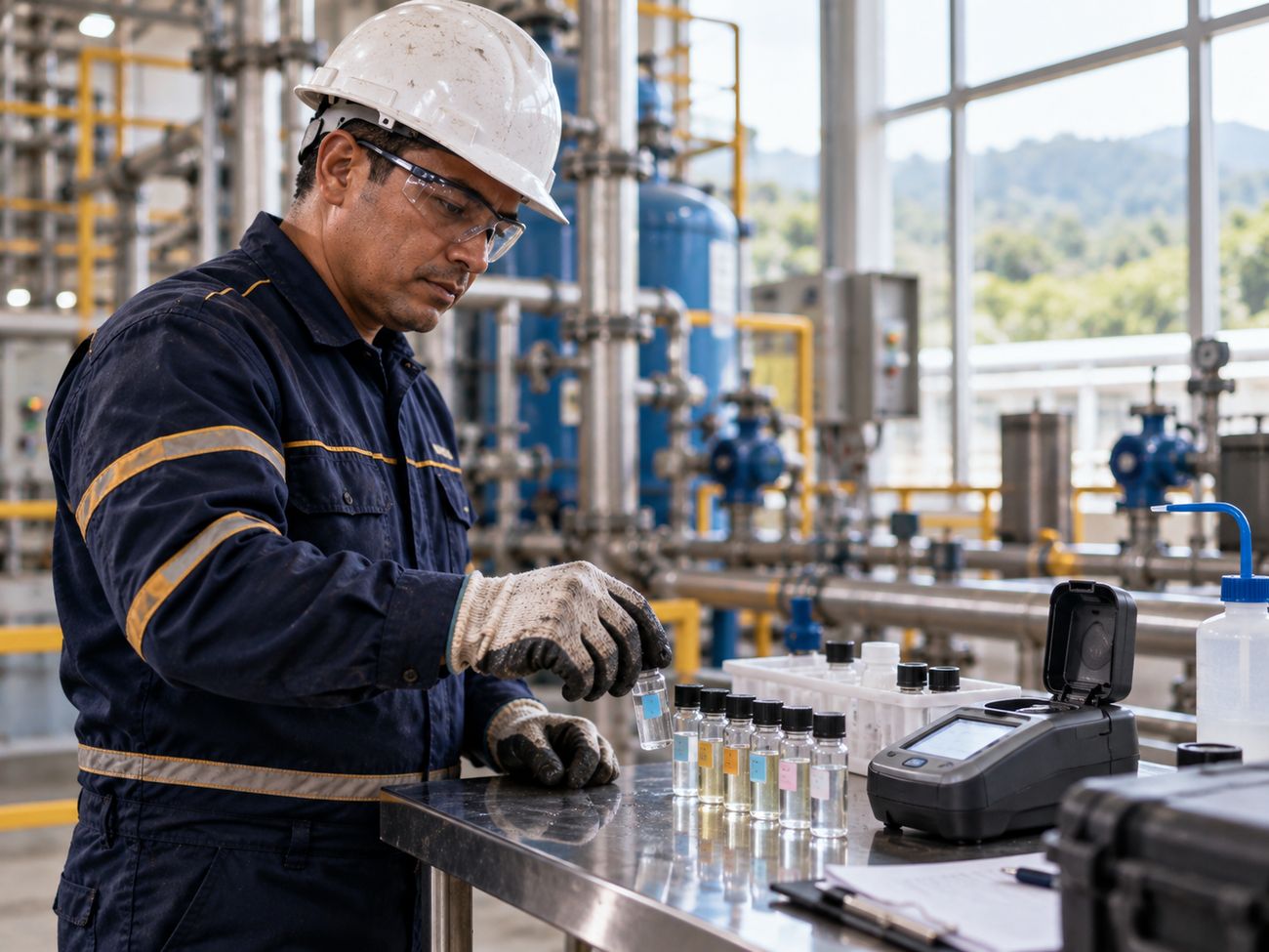 Técnico Aqualark en banco de pruebas de campo con viales de muestra etiquetados y colorímetro portátil