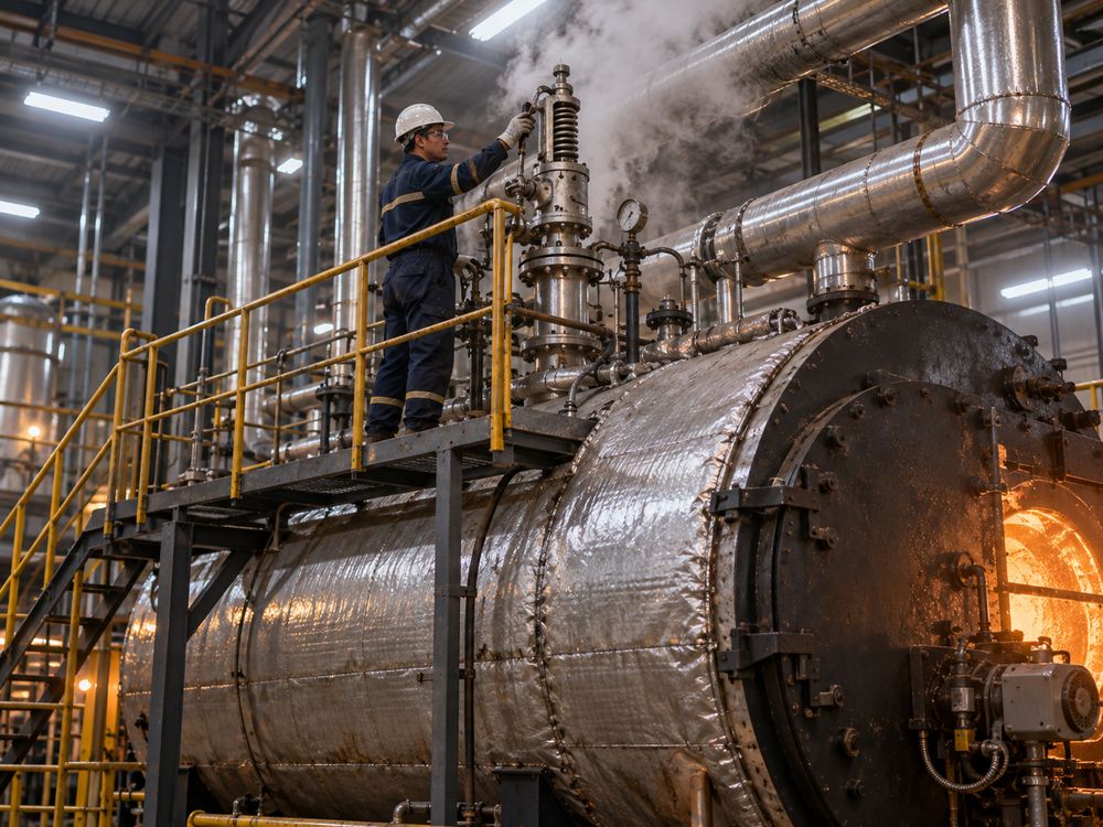 Técnico Aqualark inspeccionando una válvula de alivio desde la pasarela superior de una caldera industrial