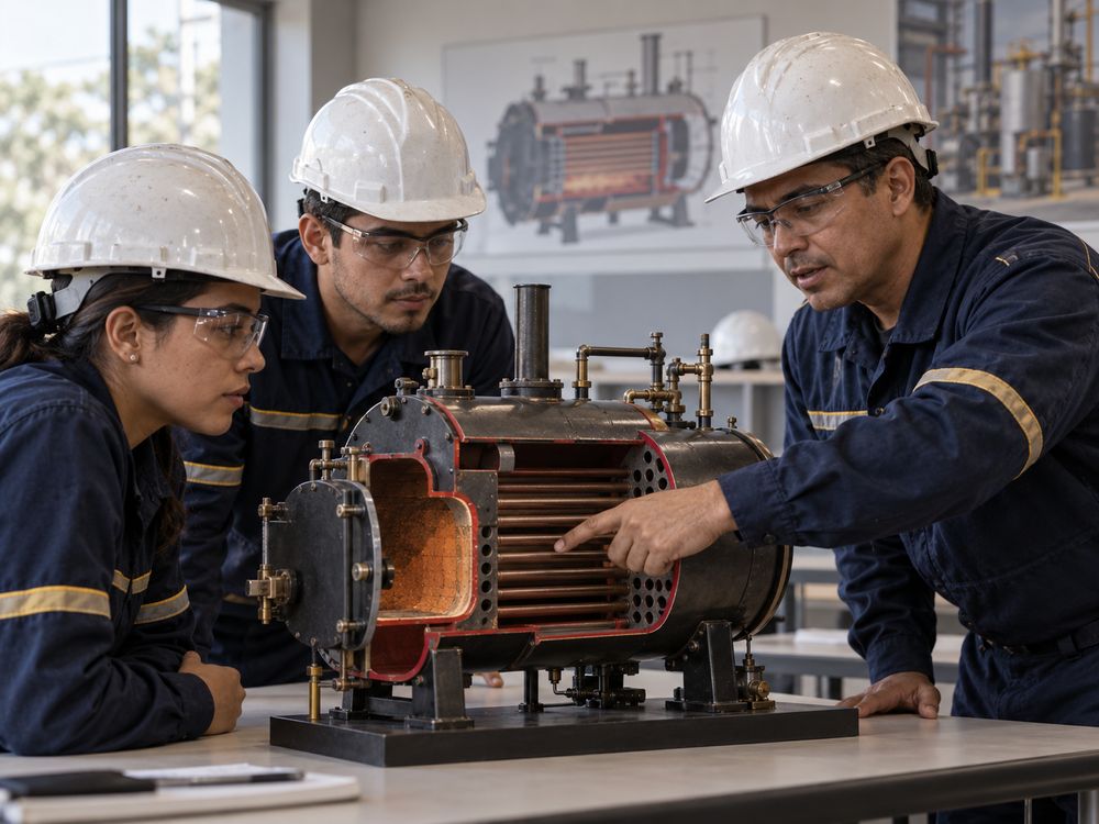 Instructor Aqualark explicando el funcionamiento interno de una caldera con maqueta de corte a dos aprendices