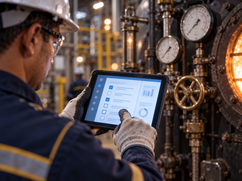 Manos con guantes usando un checklist digital en tablet frente a un panel de caldera industrial