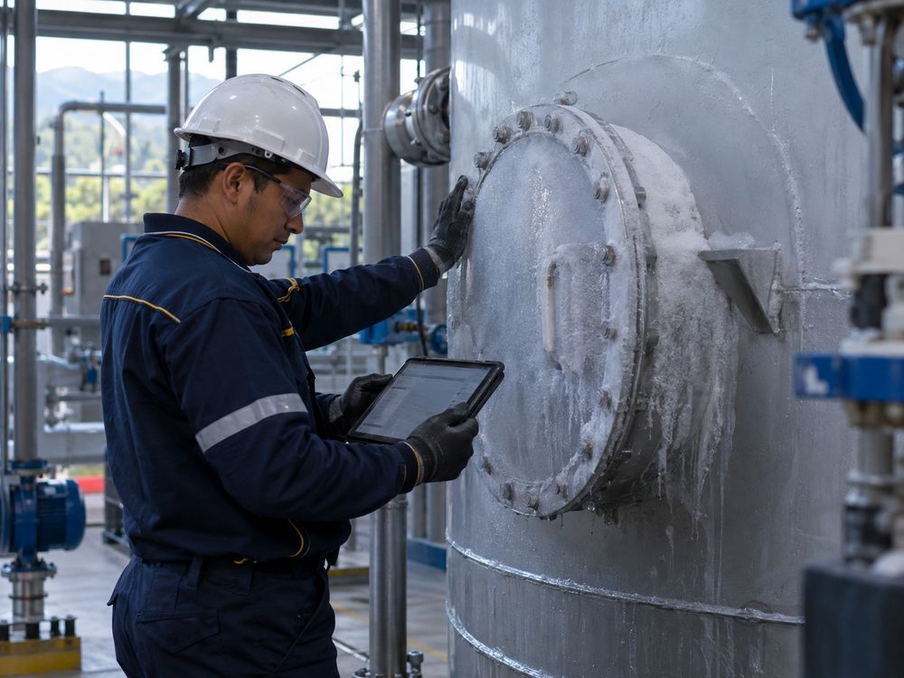 Técnico sosteniendo tablet con checklist junto a la tapa frosteada de un tanque de banco de hielo