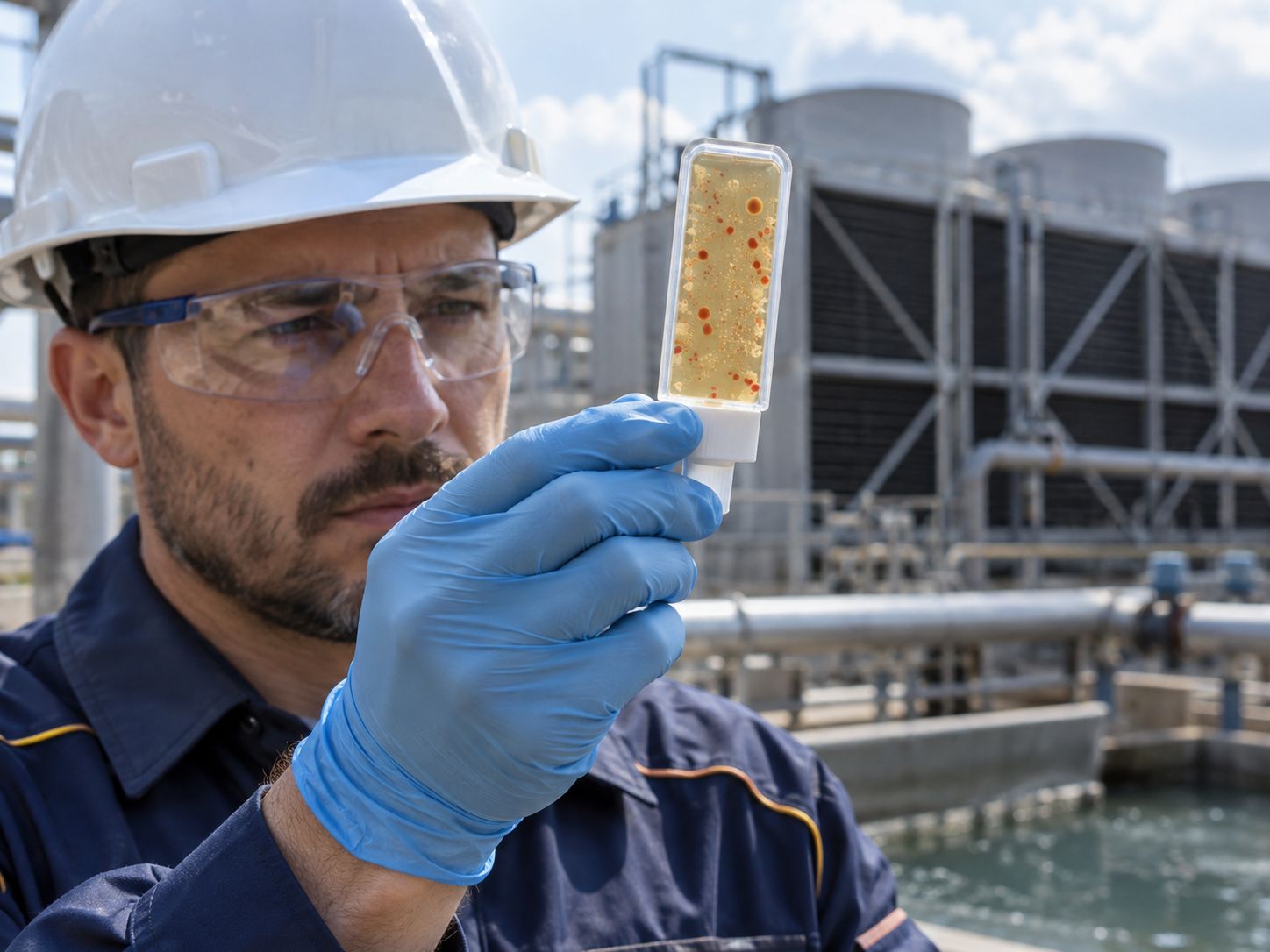 Técnico Aqualark sosteniendo una paleta dip-slide con colonias bacterianas visibles frente a un condensador