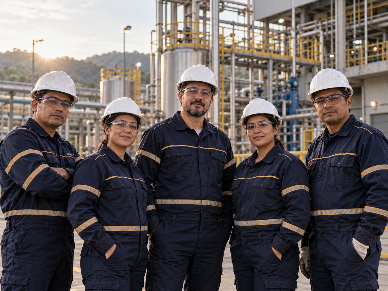 Retrato grupal de cinco técnicos Aqualark frente a una planta industrial de tratamiento de agua