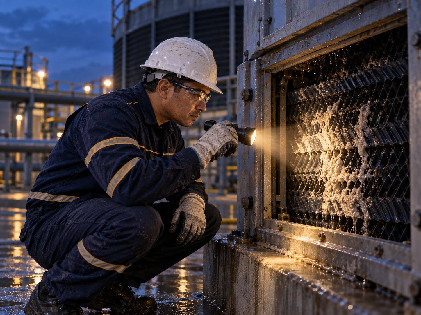 Técnico Aqualark agachado inspeccionando con linterna el relleno de una torre de enfriamiento al atardecer