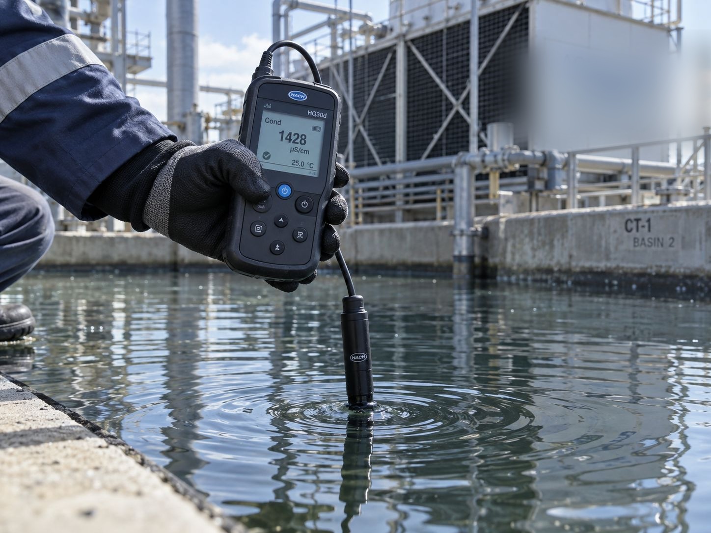Medidor digital de conductividad con sonda sumergida en la piscina de una torre de enfriamiento marca Aqualark