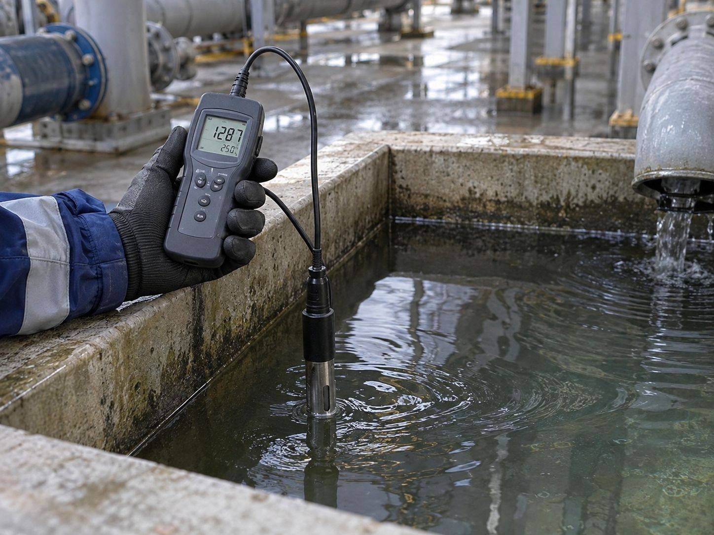 Técnico Aqualark con medidor digital de conductividad sumergido en el sumidero de recirculación de un condensador