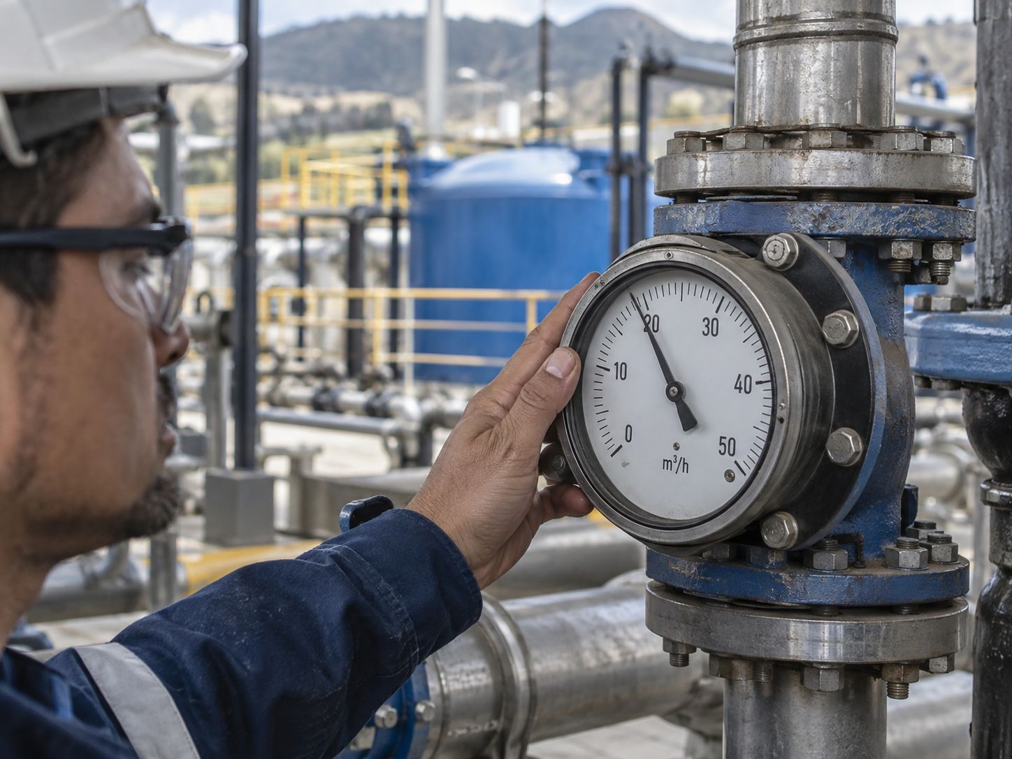 Técnico Aqualark leyendo un medidor de flujo mecánico de reposición de agua en tubería industrial