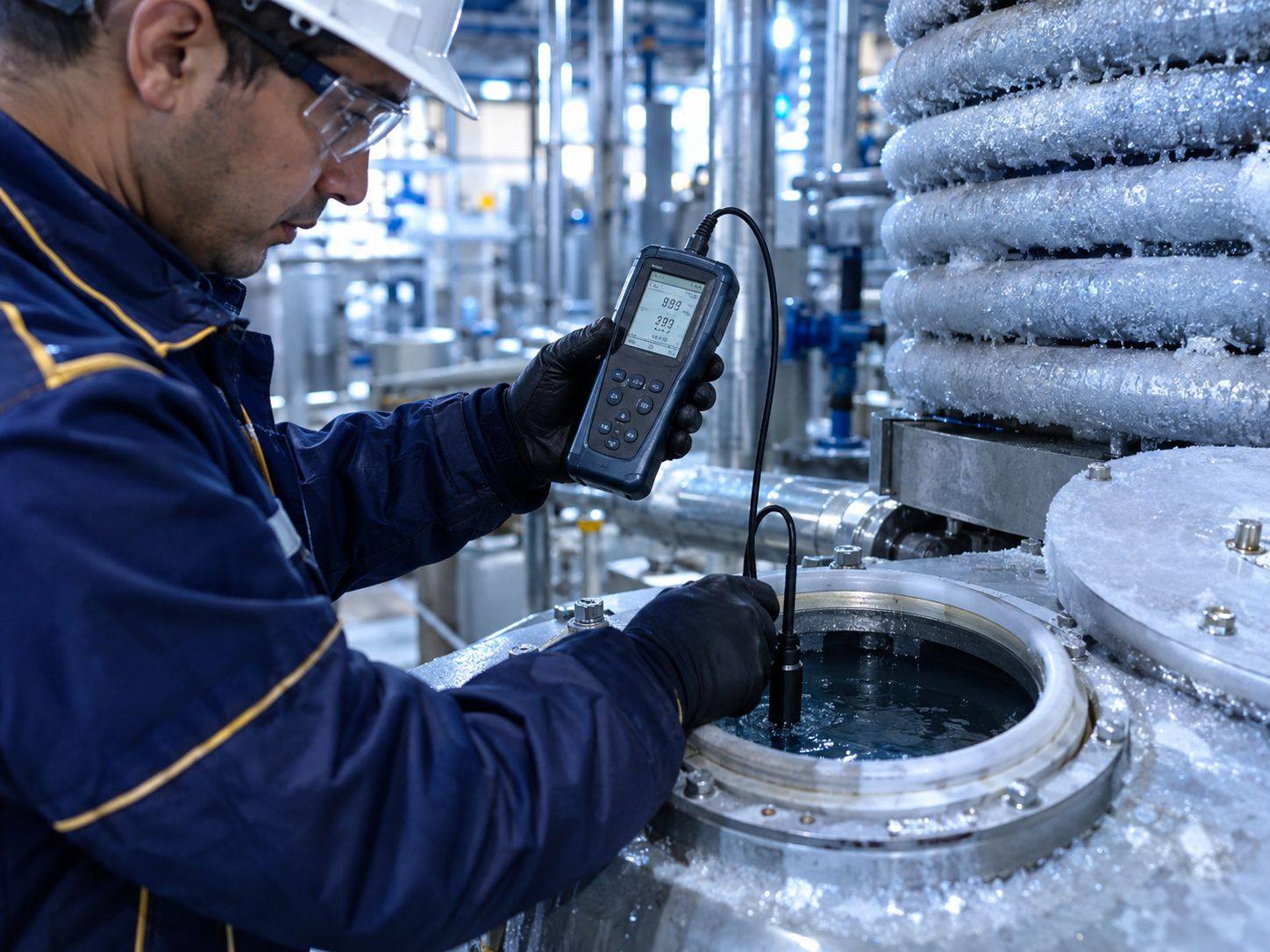 Mano con guante sosteniendo un medidor multiparamétrico con sonda en el puerto de inspección de un banco de hielo