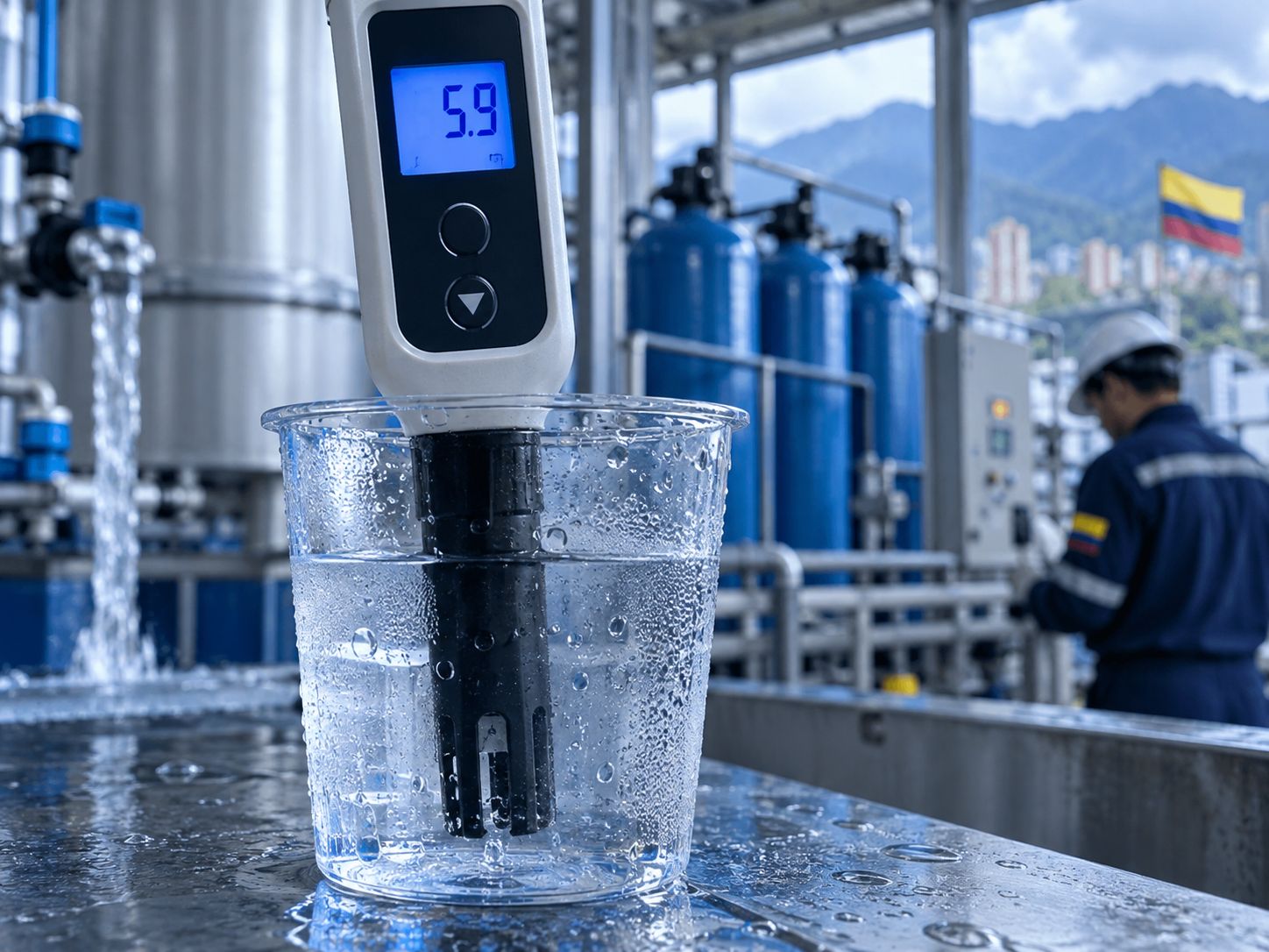 Sonda de medidor de pH digital insertada en un vaso de muestra de agua helada de un circuito de chiller