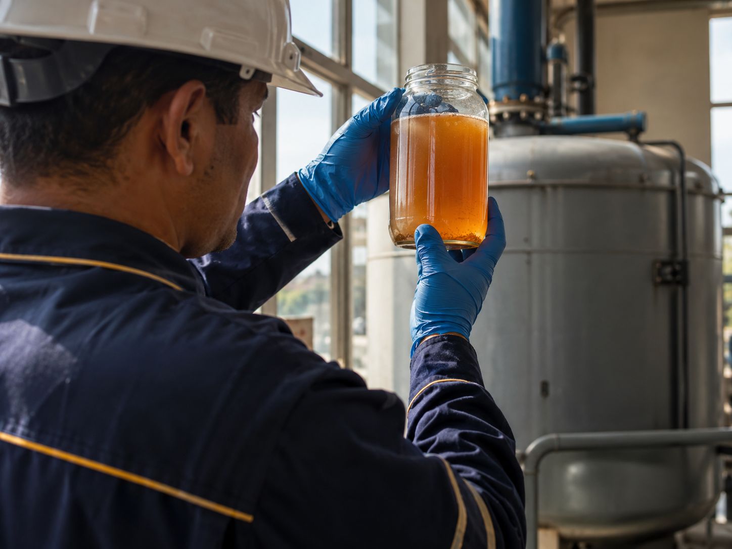 Técnico Aqualark sosteniendo un frasco de vidrio con agua de color naranja óxido junto a un tanque de banco de hielo
