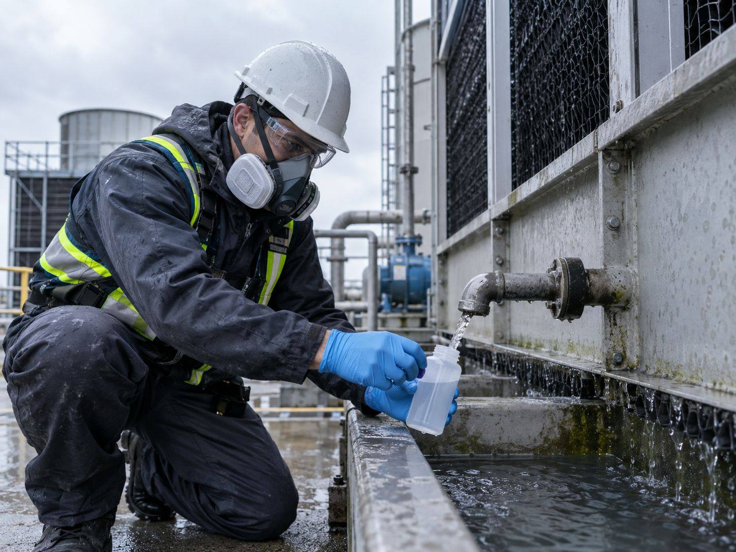 Técnico Aqualark con equipo de protección personal completo recolectando muestra de agua de una torre de enfriamiento
