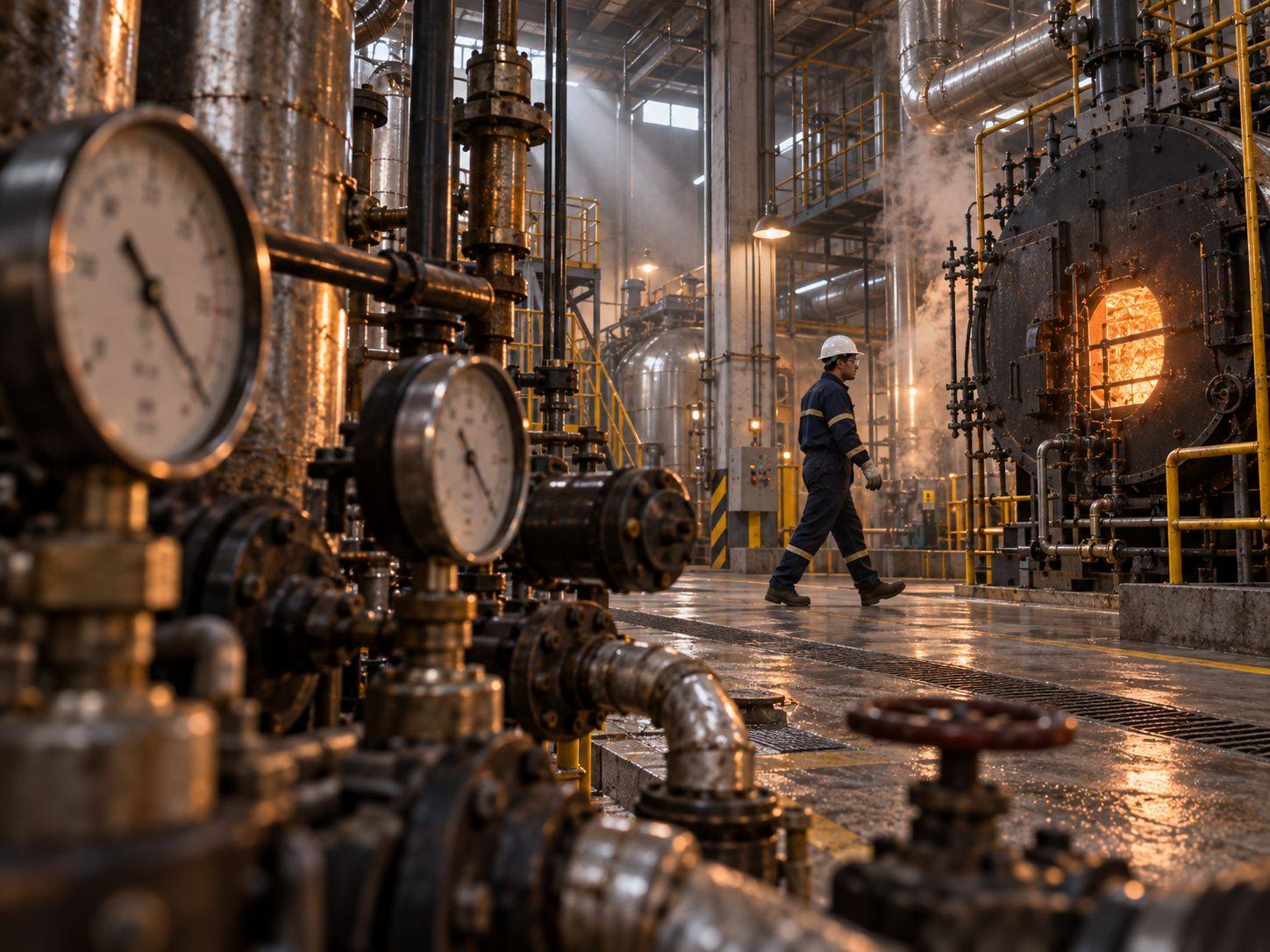 Técnico Aqualark caminando por una sala de calderas industrial con manómetros en primer plano