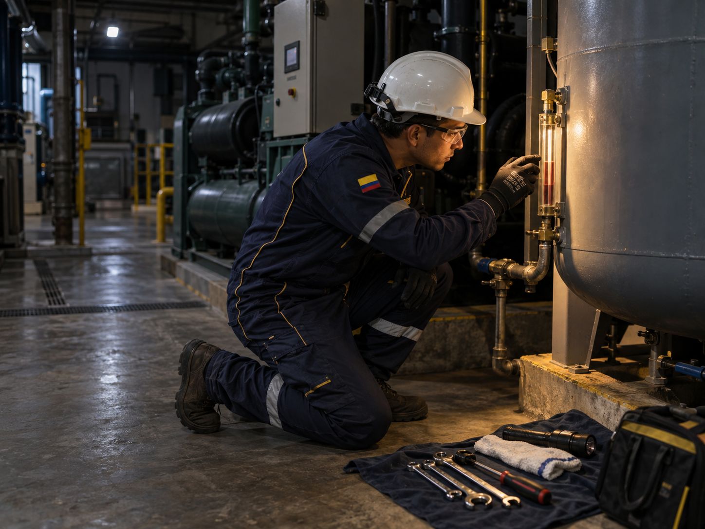 Técnico Aqualark arrodillado revisando el visor del tanque de expansión de glicol de un chiller