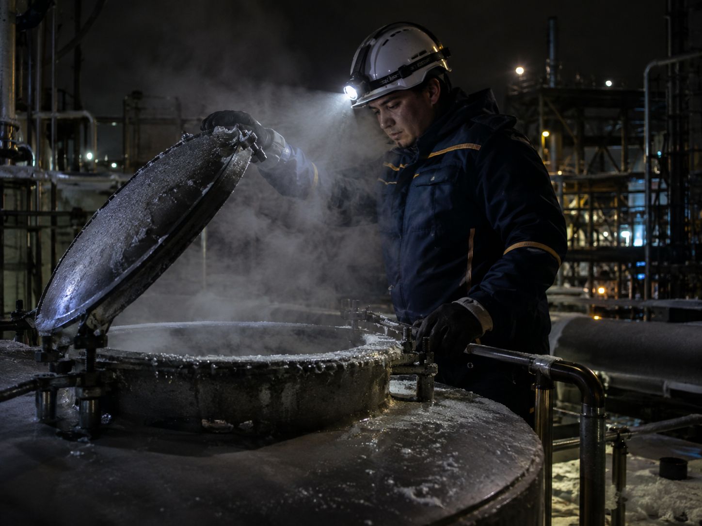 Técnico Aqualark abriendo la tapa de acceso de un tanque de banco de hielo de noche, vapor frío ascendiendo