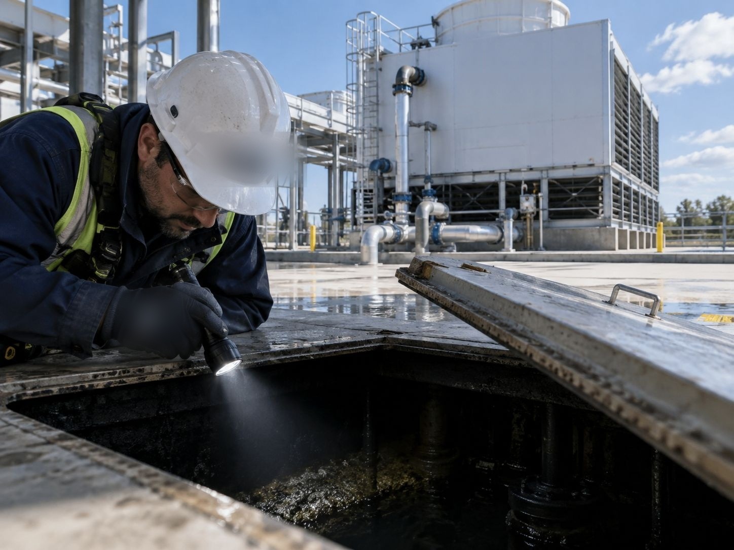 Técnico Aqualark iluminando con linterna la escotilla de acceso oscura de una torre de enfriamiento visualmente limpia
