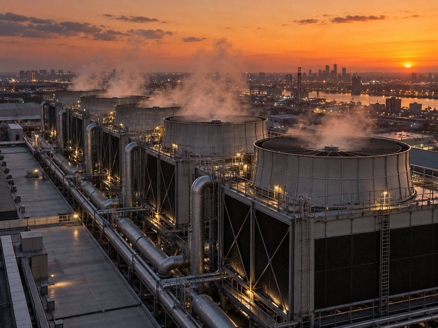Fila de celdas de torres de enfriamiento en azotea industrial al atardecer con penachos de vapor